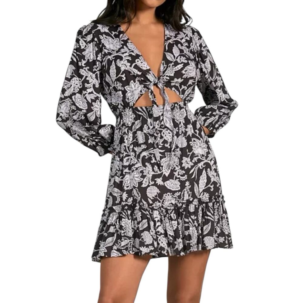 Elan Black White Floral Tie Front Mini Dress XS Boho‎ Festival Indie NWT